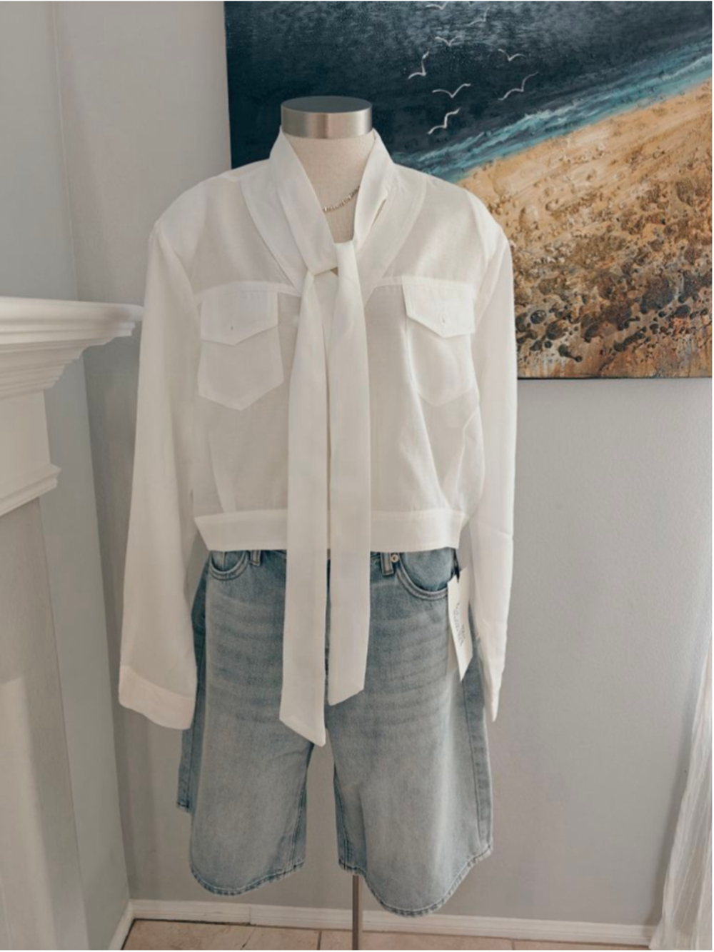 Women's White Long Sleeve Blouse with Tie Neck